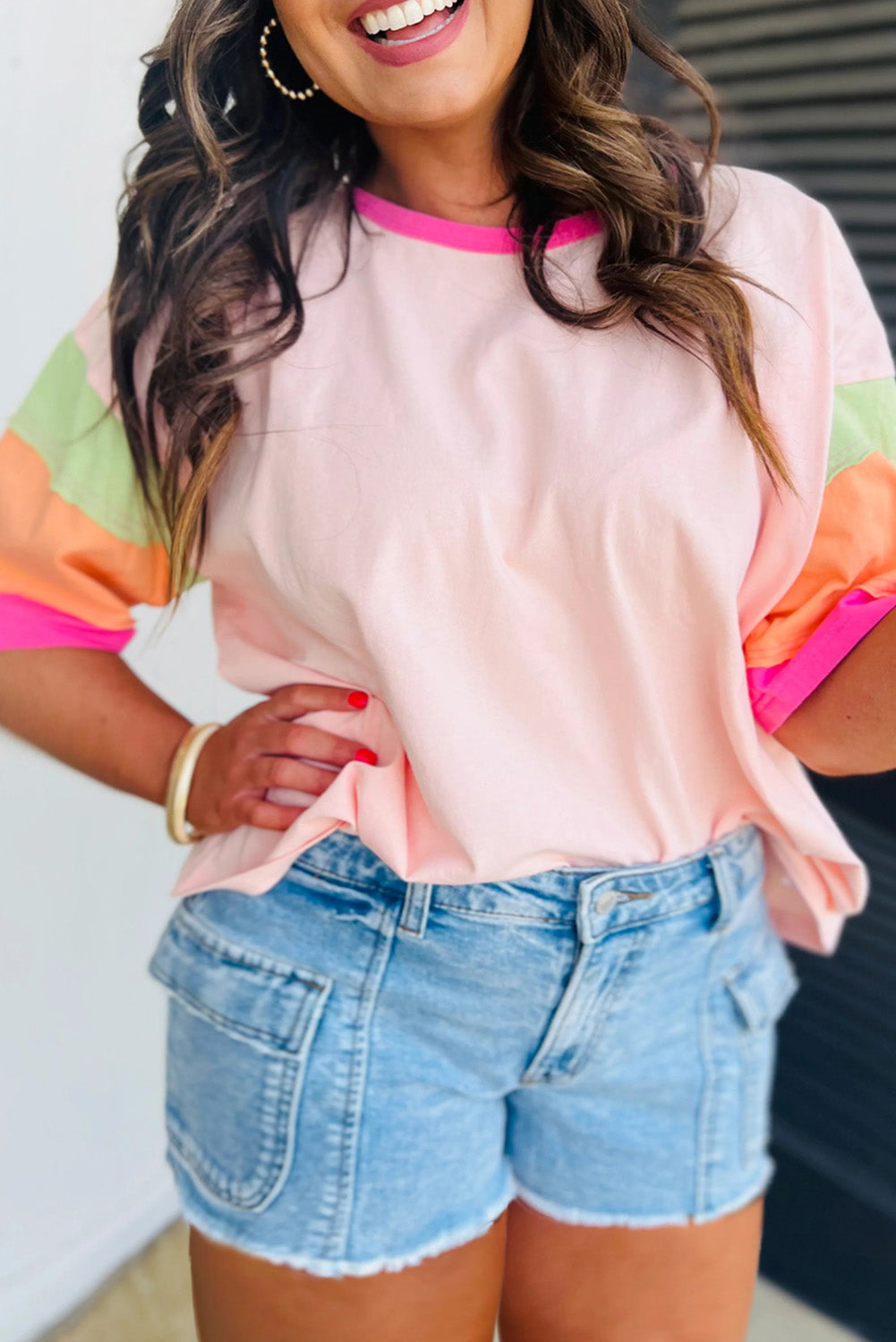 Pink Color Block Plus Size T Shirt