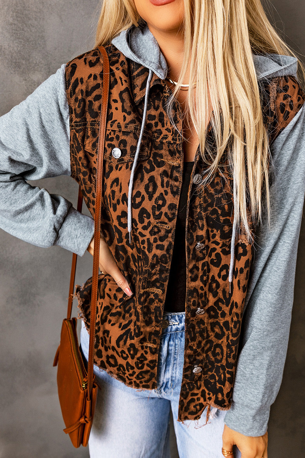 Leopard Print Hooded Denim Jacket