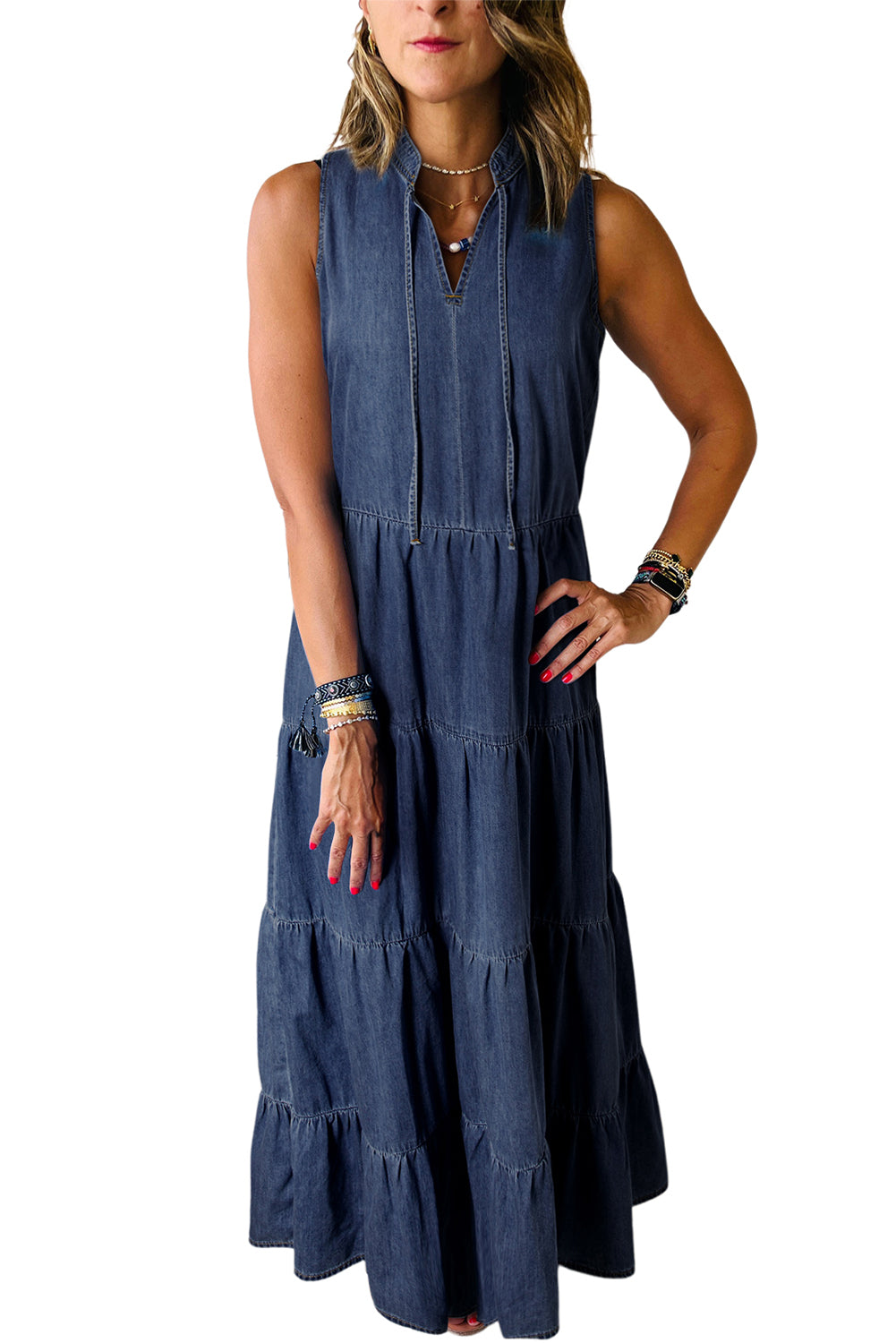 Teal Sleeveless Tiered Chambray Maxi Dress