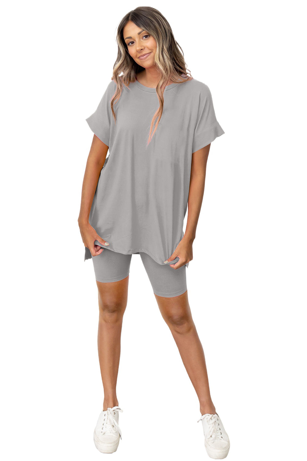 Gray Loose Tunic Tee and Shorts Set