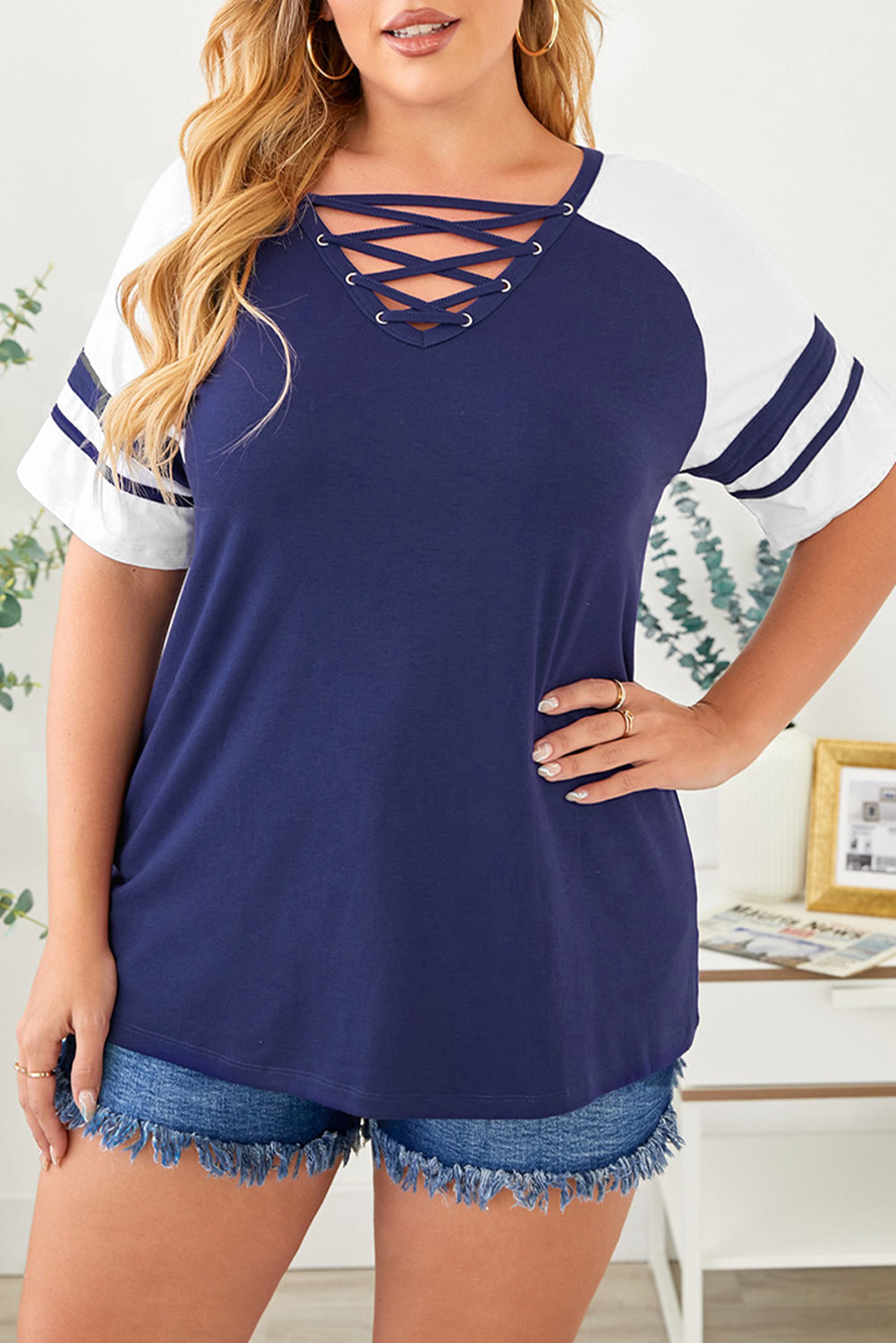 Blue Crisscross Raglan Sleeve Plus Size Tee