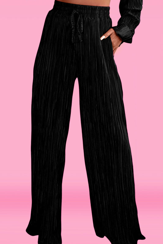 Pleated Long Sleeve Shirt and Wide-Leg Pants Set