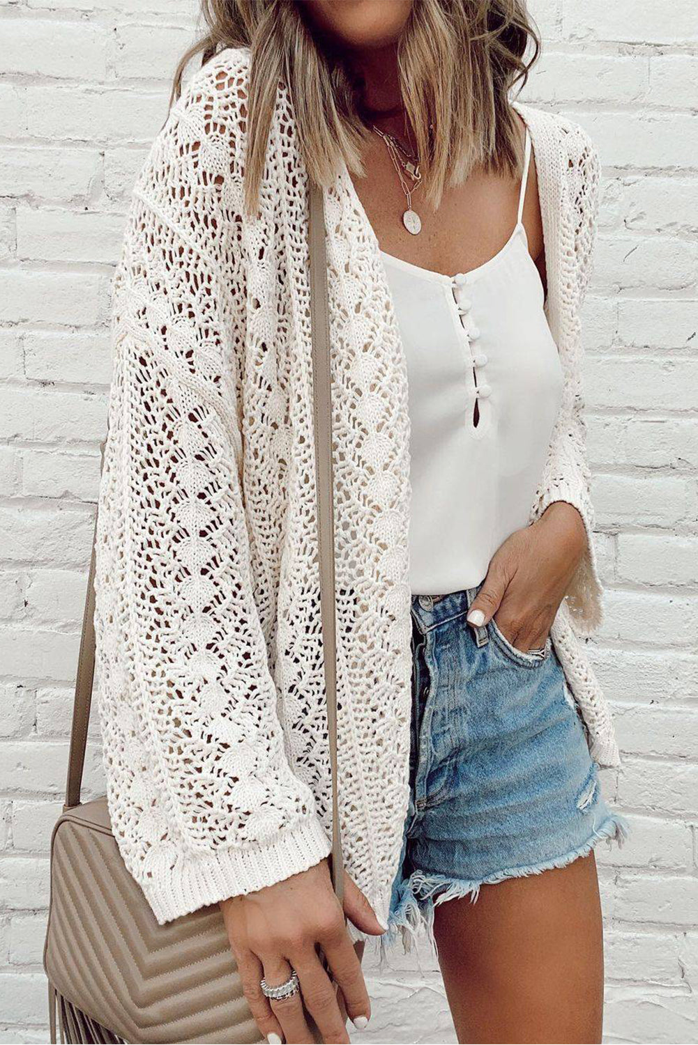 Casual Apricot Hollow Out Knit Cardigan