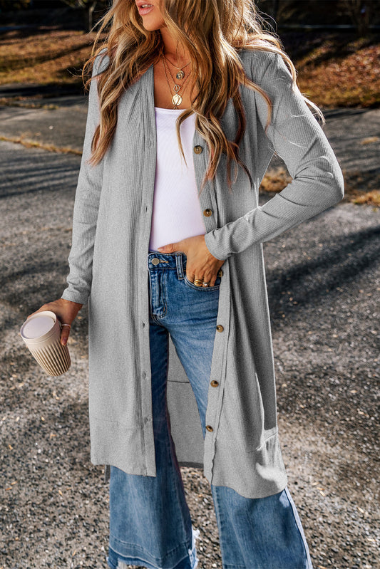 Gray Ribbed Button-Up Duster Cardigan