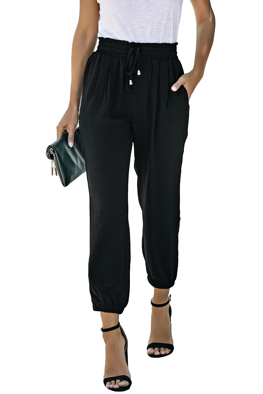 Black Solid  Smocked Waist Joggers