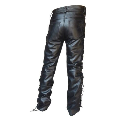 Men Solid Color PU Strap Casual Leather Pants