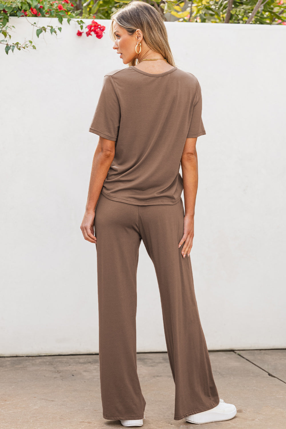 Solid Color T Shirt & Wide Leg Pants Set