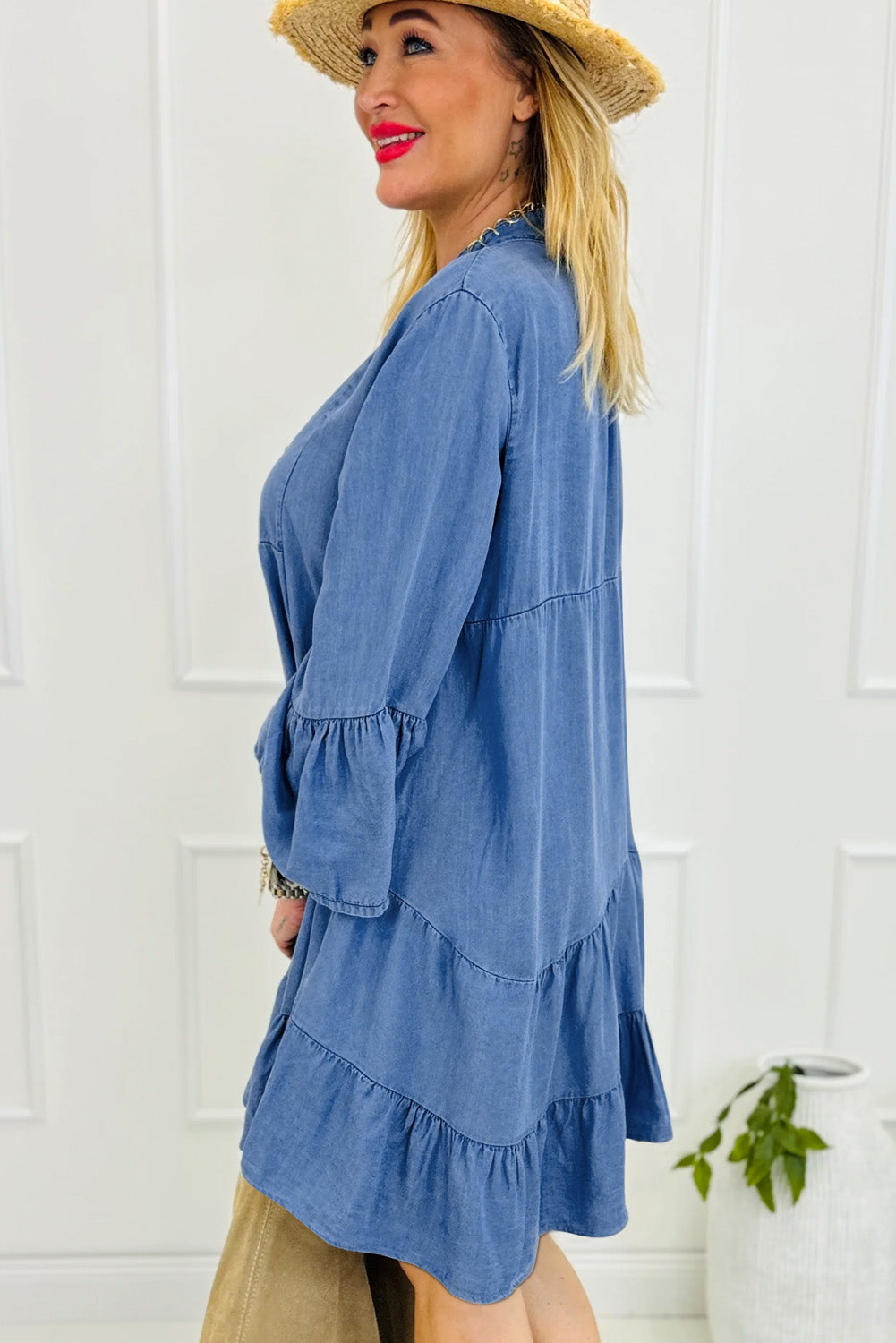 Black Chambray Ruffled 3/4 Sleeve Mini Dress