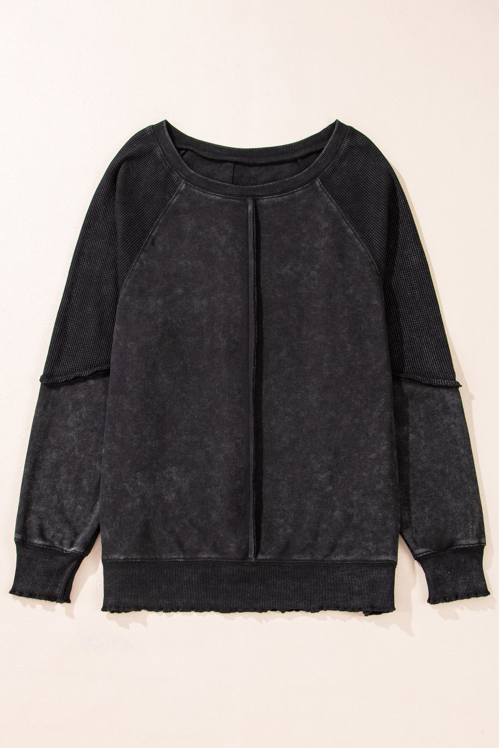 Waffle Patchwork Raglan Sleeve Exposed Seam Sweatshirt