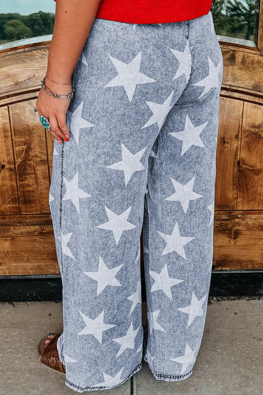 Light Blue Star Print Light Wash Drawstring Wide Leg Jeans