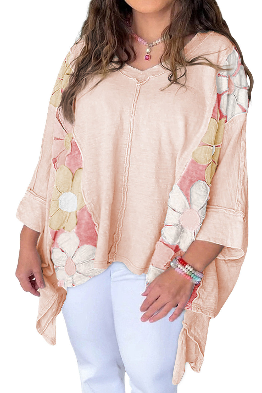 Pink Flower Patchwork Plus Size Sweater