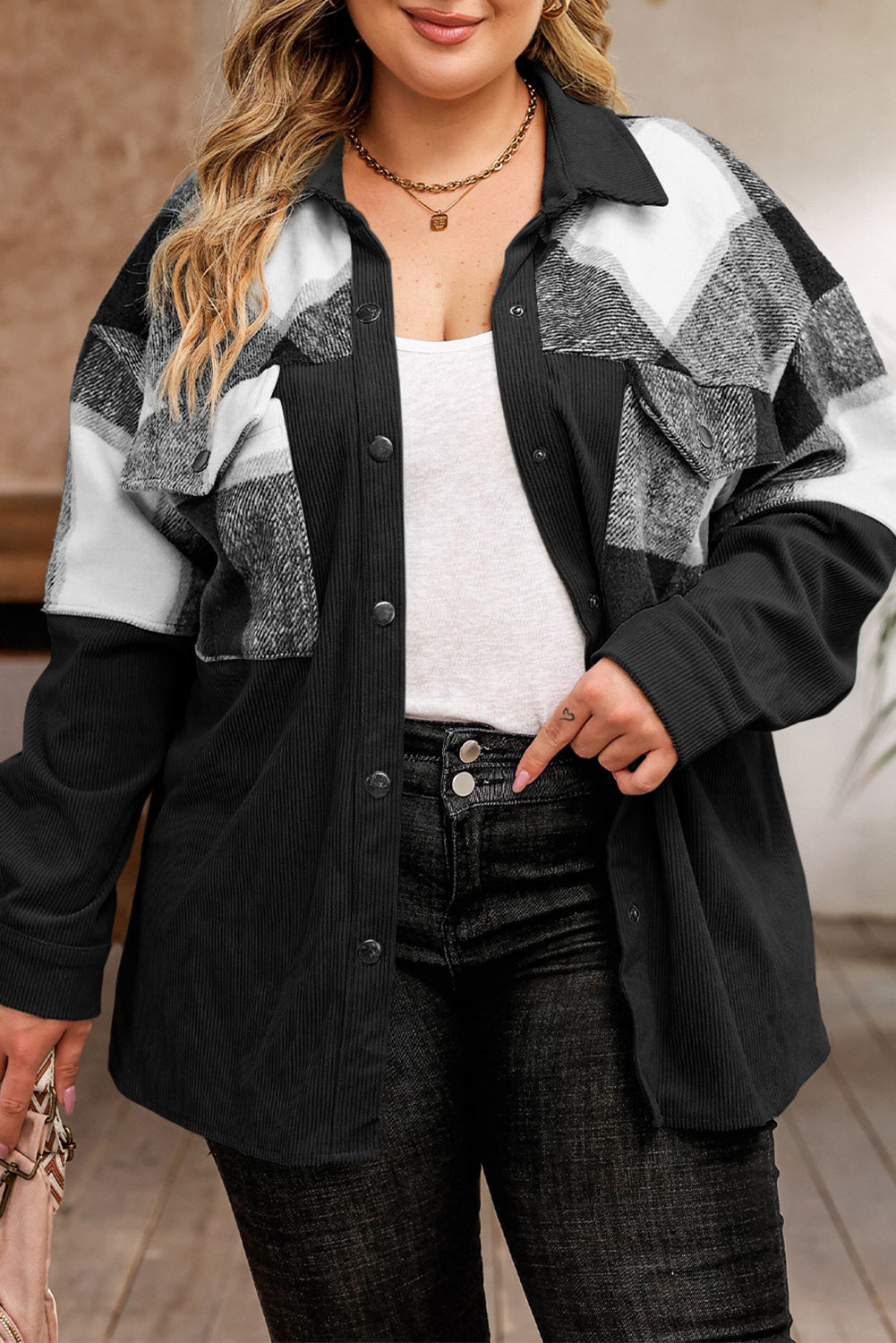 Black Plaid Patchwork Plus Size Corduroy jacket