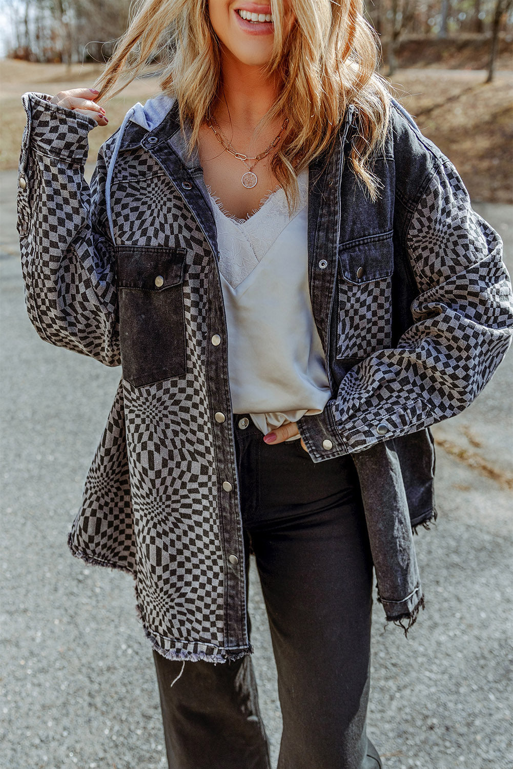 Gray Checkered Hooded Denim Jacket