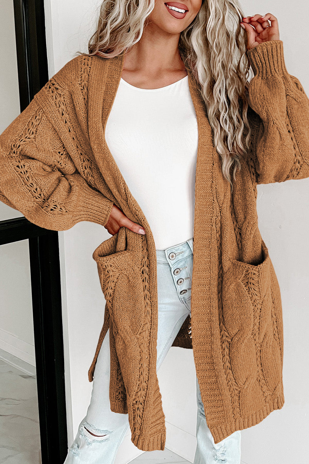 Ribbed Trim Cable Knit Cardigan