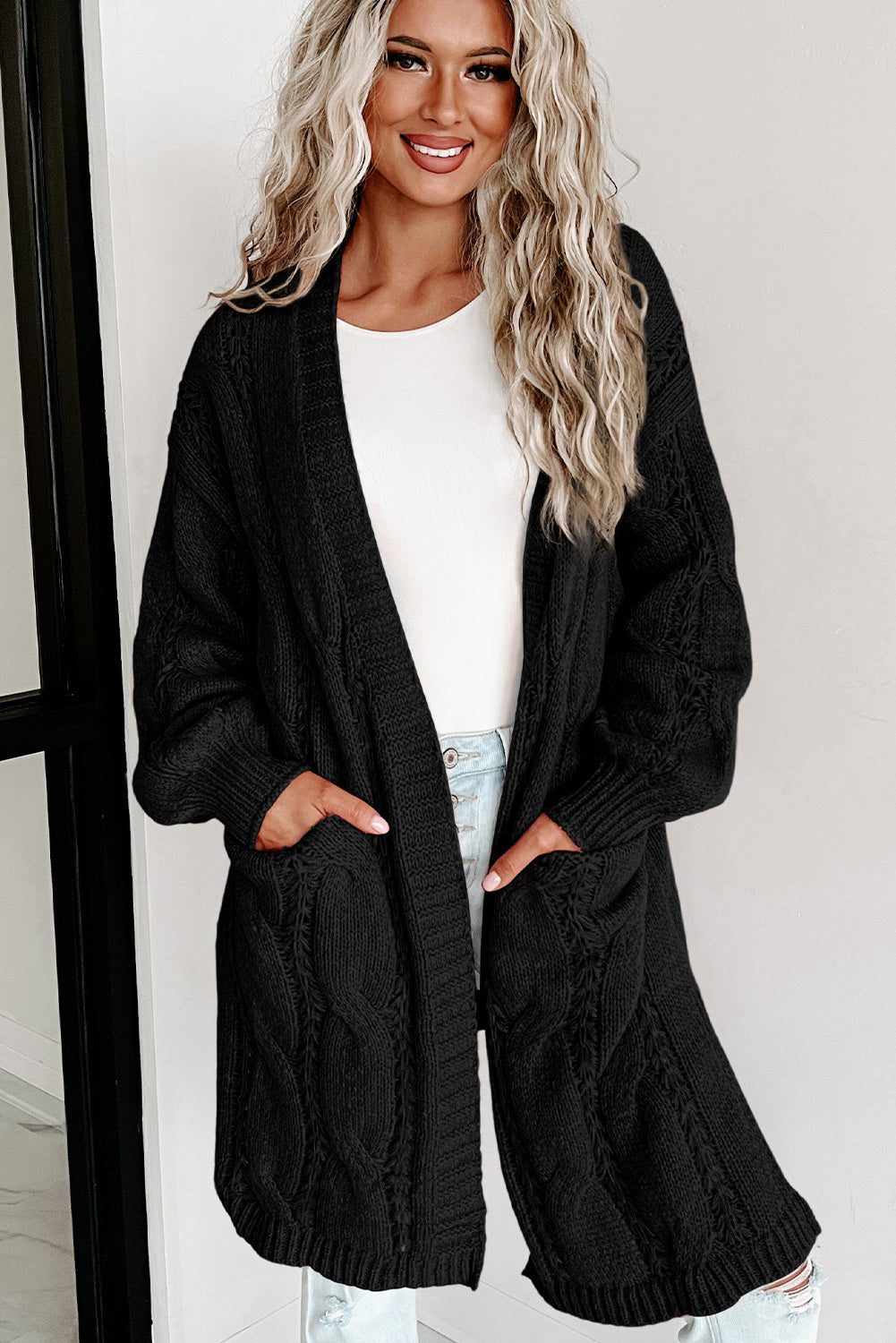 Ribbed Trim Cable Knit Cardigan