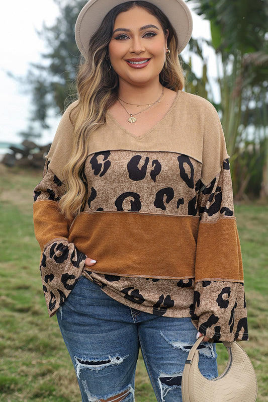 Plus Size Leopard Colorblock Patchwork Top