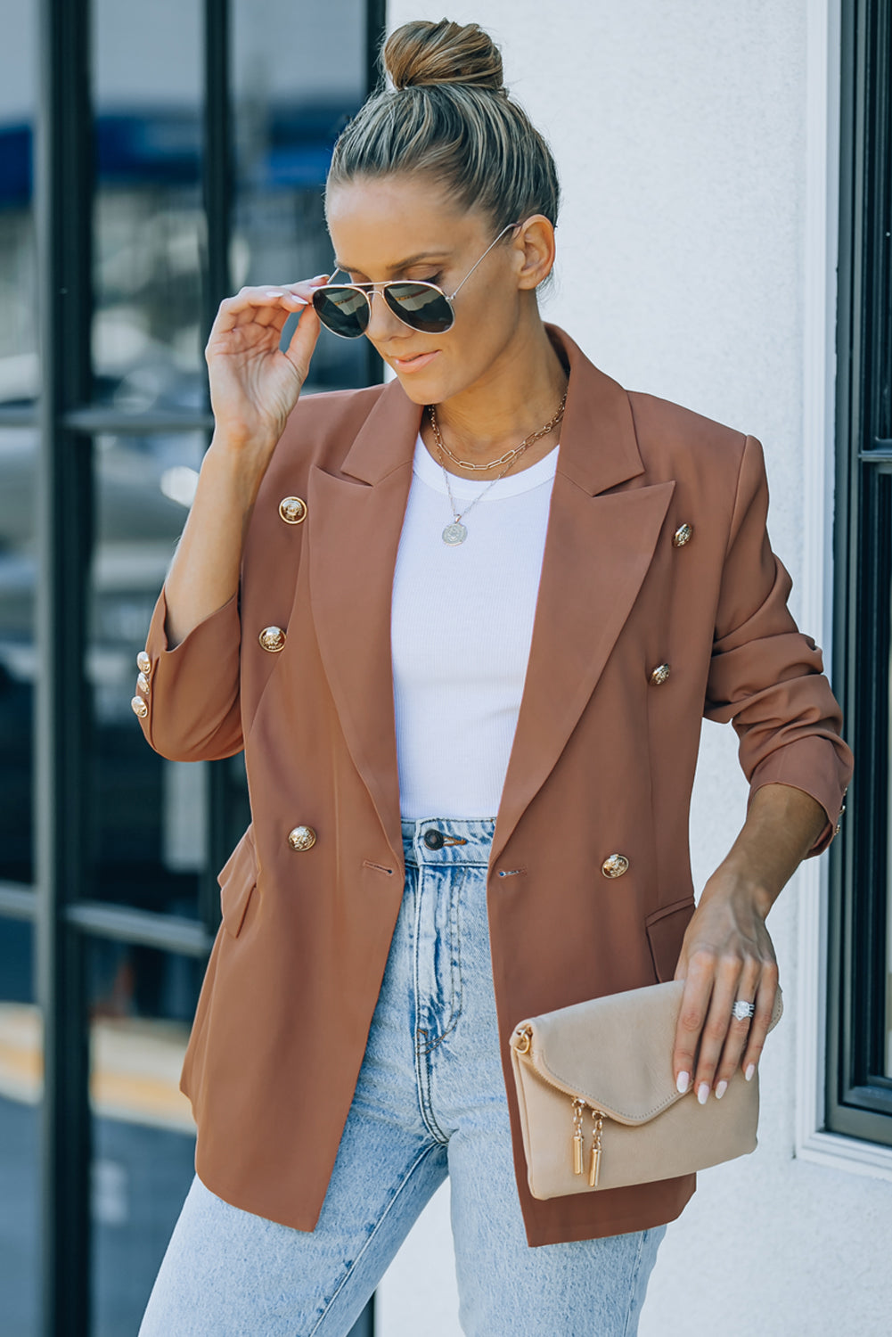 Double Breasted Casual Brown Blazer for Women