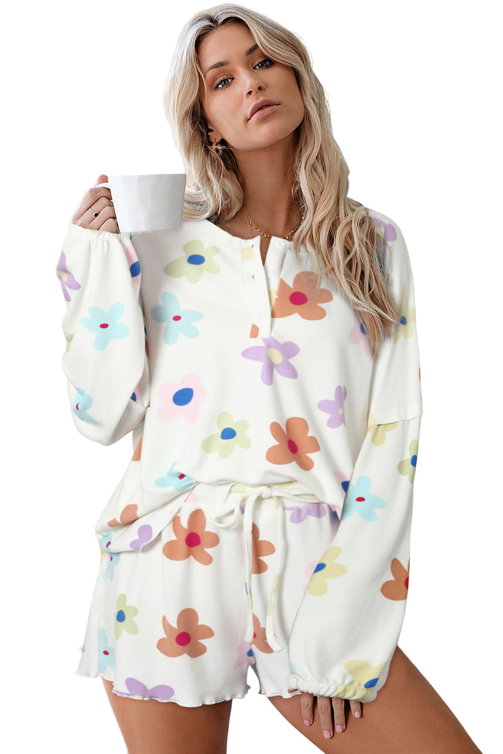 Cozy White Floral Loungewear Shorts Set