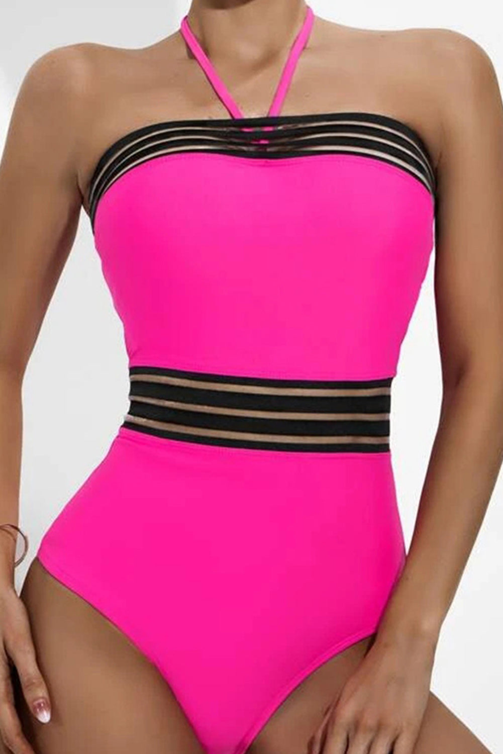 Rose Red Mesh Striped Trim Halter Neck One Piece Swimsuit