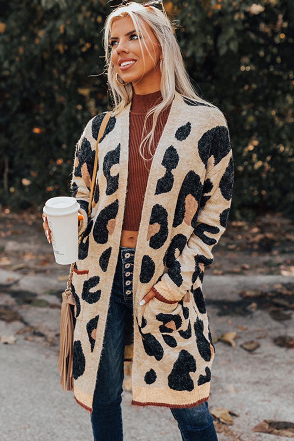 Oversized Leopard Print Open Midi Cardigan