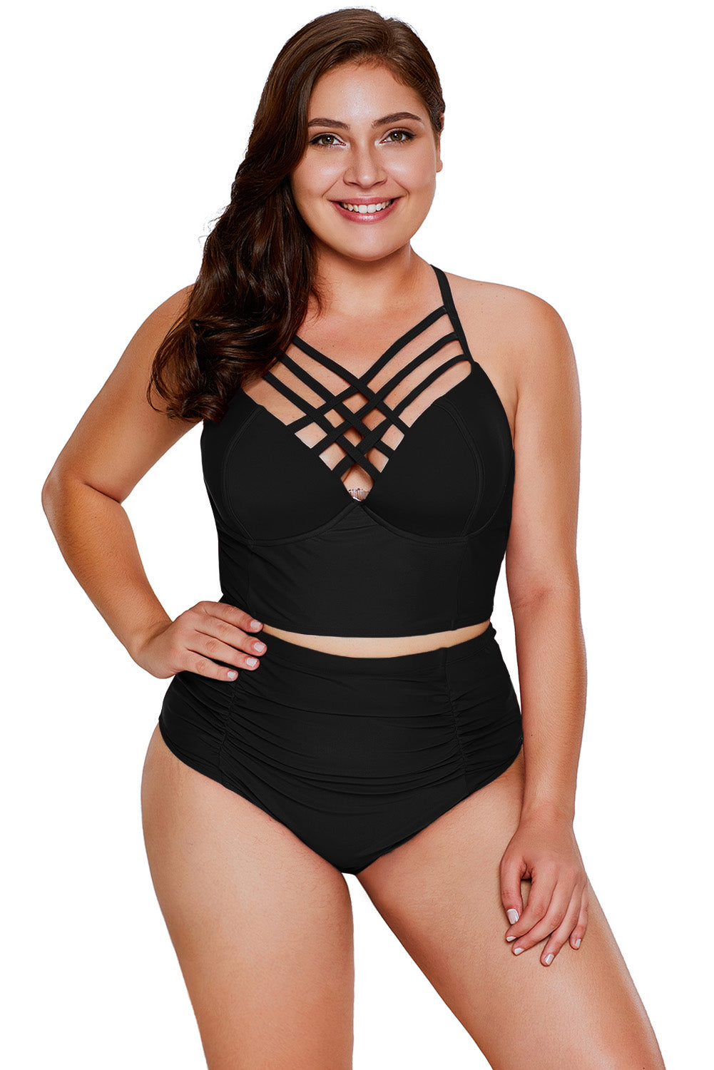 Black Strappy Neck Detail High Waist Plus Size Swimsuit