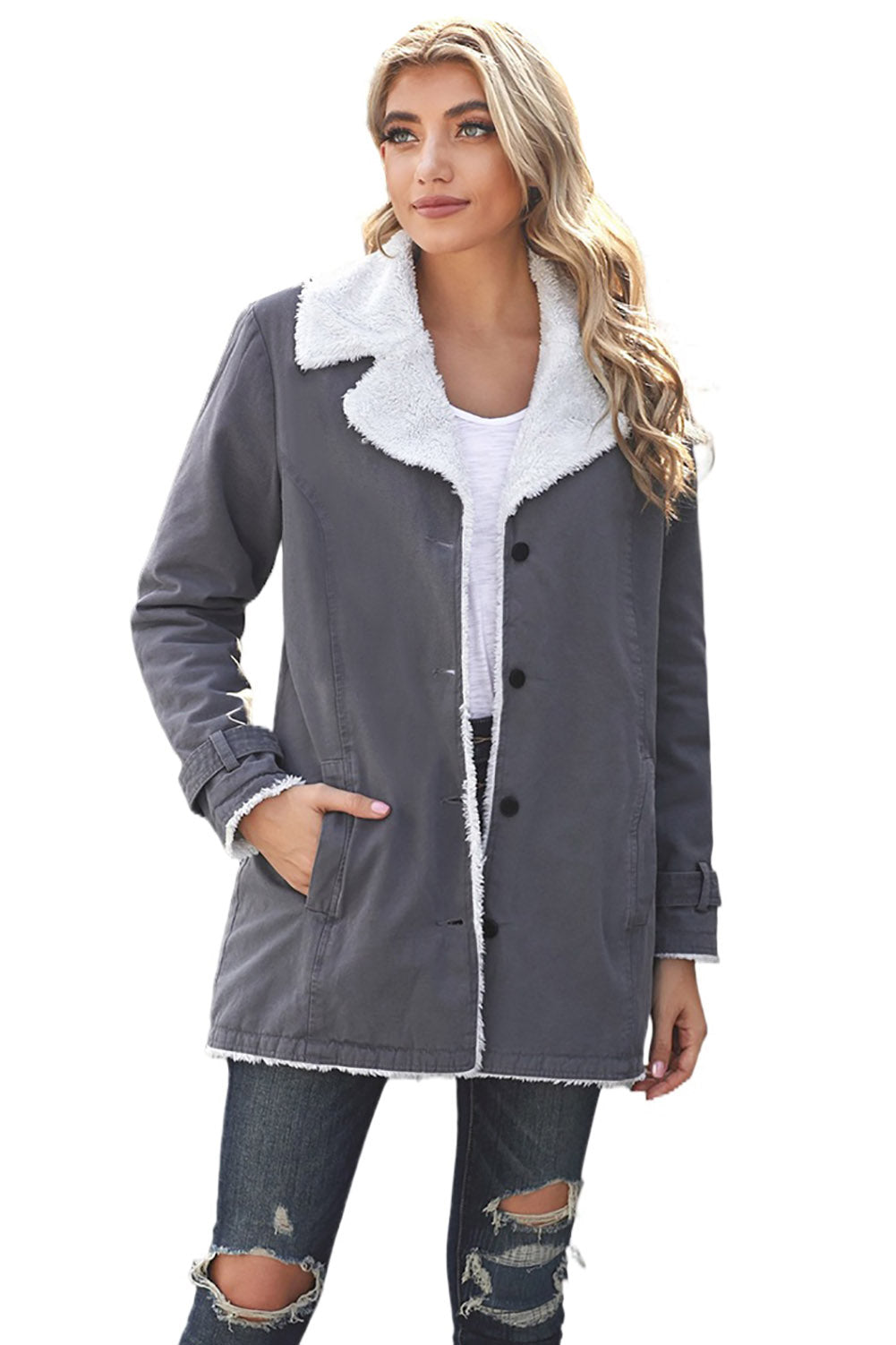 Gray Lapel Collar Fleece Jacket(Plus Size Available)