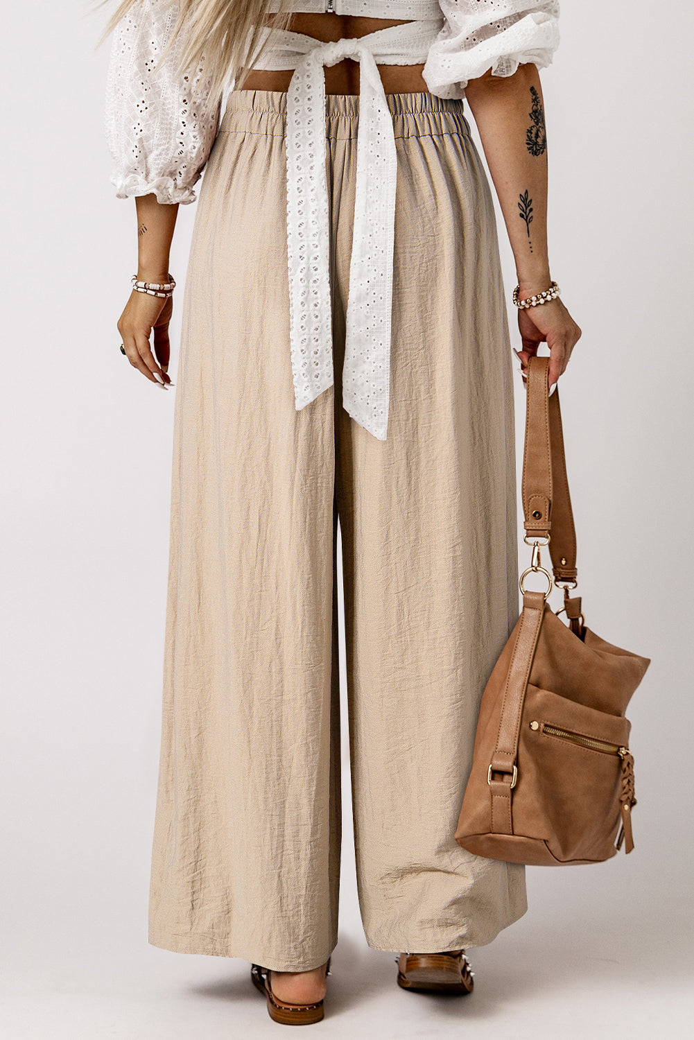 Beige Drawstring Pleated Wide Leg Pants