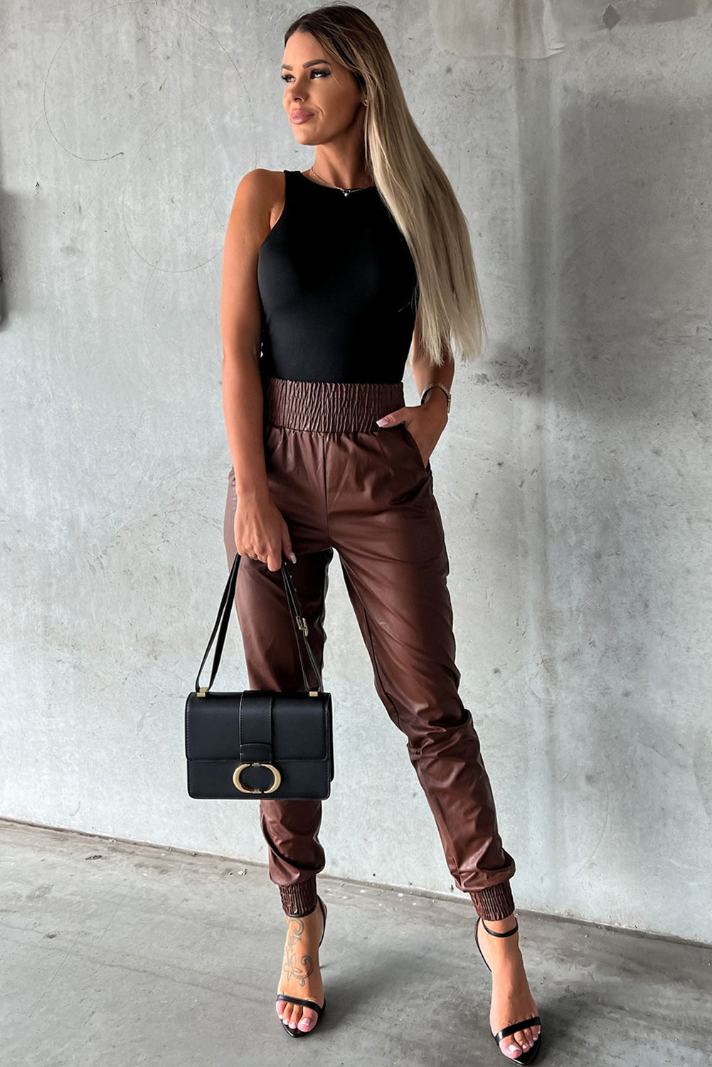 Brown Smocked High Waist Leather PU Skinny Pants