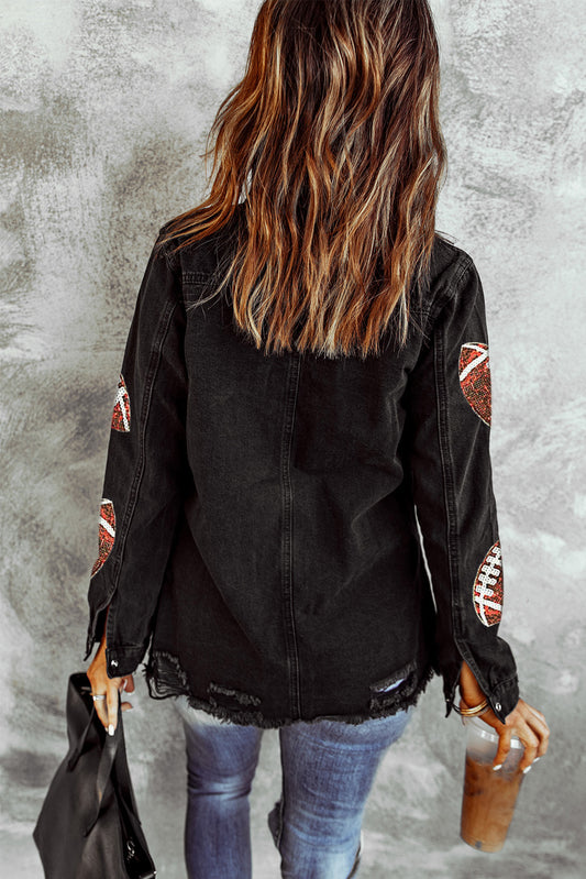 Black Sequined Rugby Football Denim Jacket