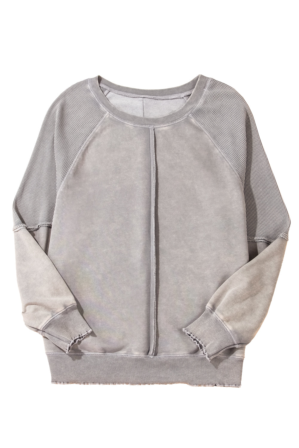 Waffle Patchwork Raglan Sleeve Exposed Seam Sweatshirt