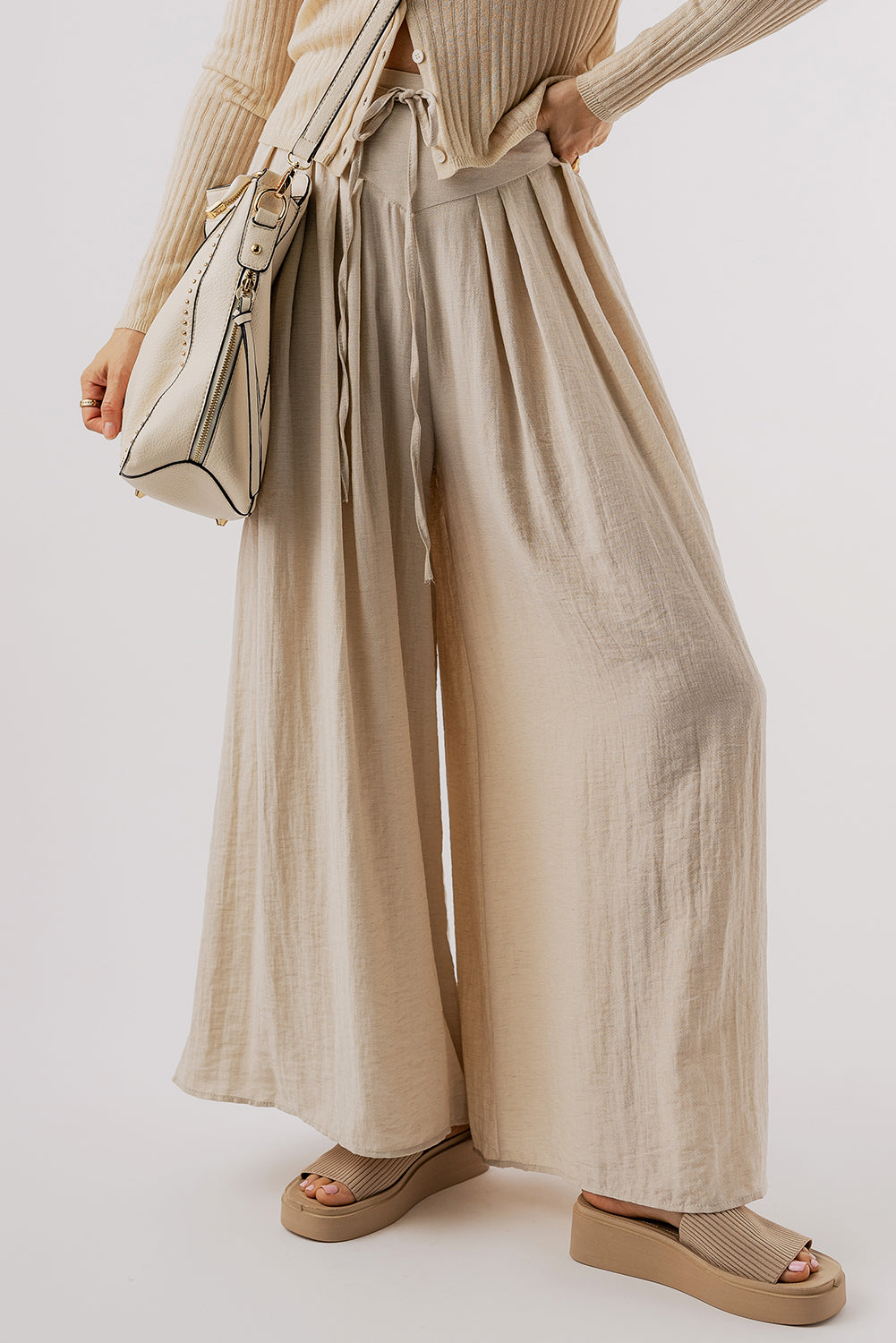 Beige Drawstring Pleated Wide Leg Pants