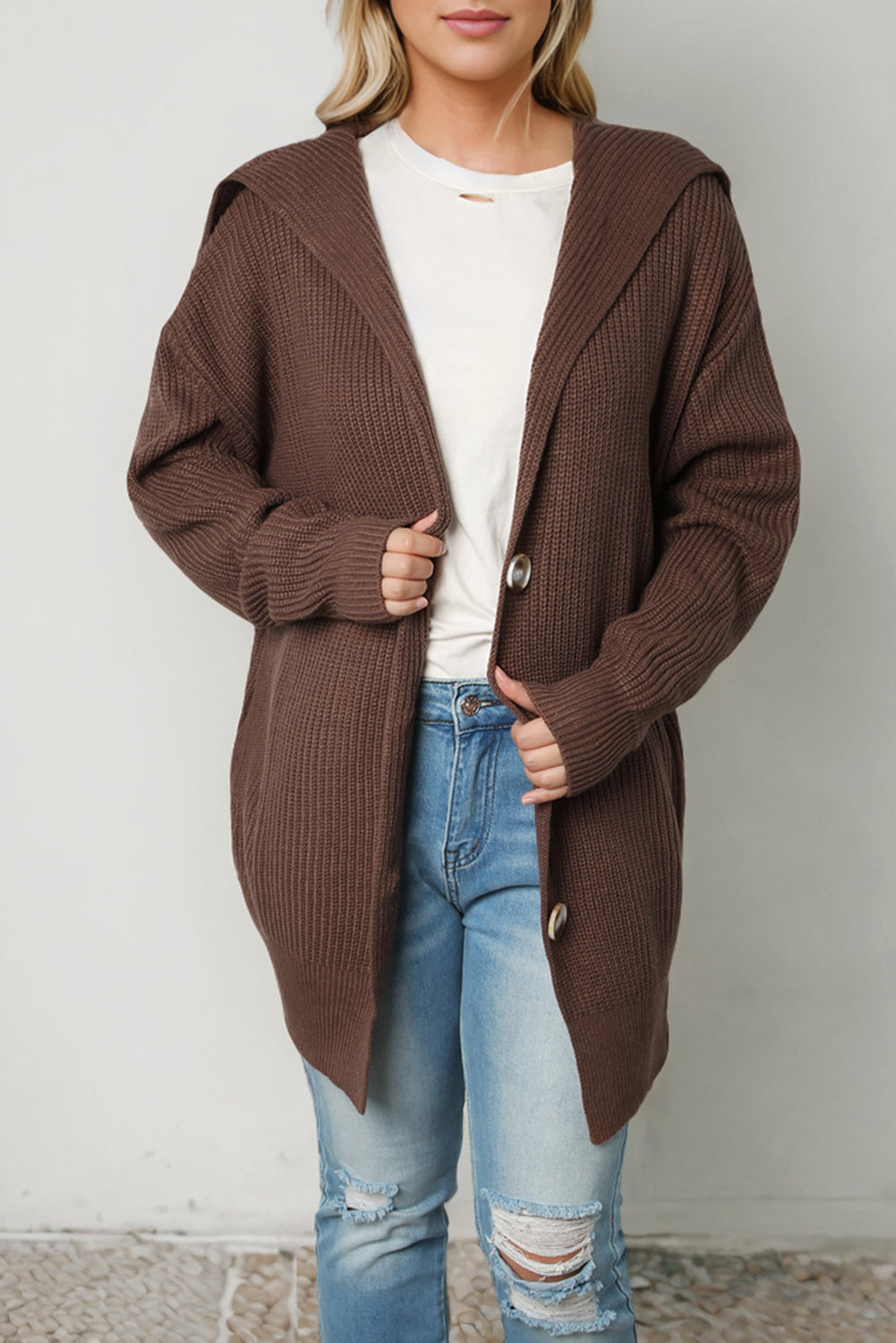 Brown Chunky Lapel Collar Button up Cardigan