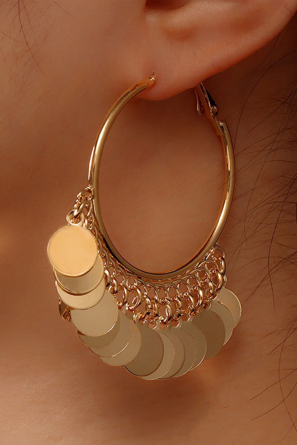 Gold Disc Tasseled Hoop Earrings