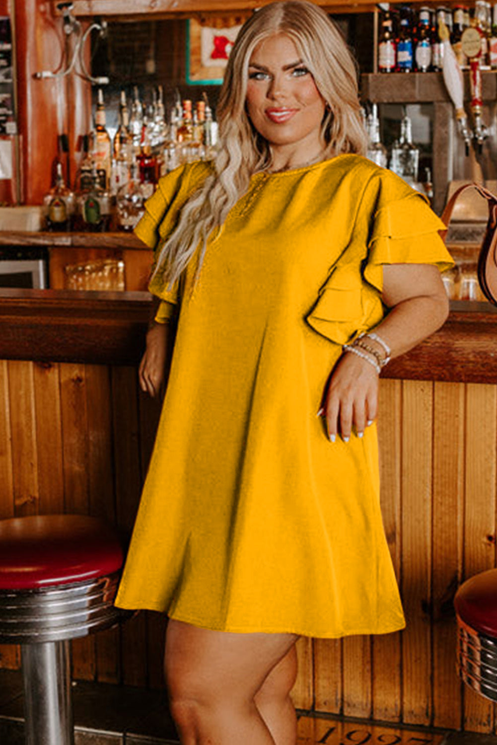 Grapefruit Orange Tiered Ruffled  Plus Size Mini Dress