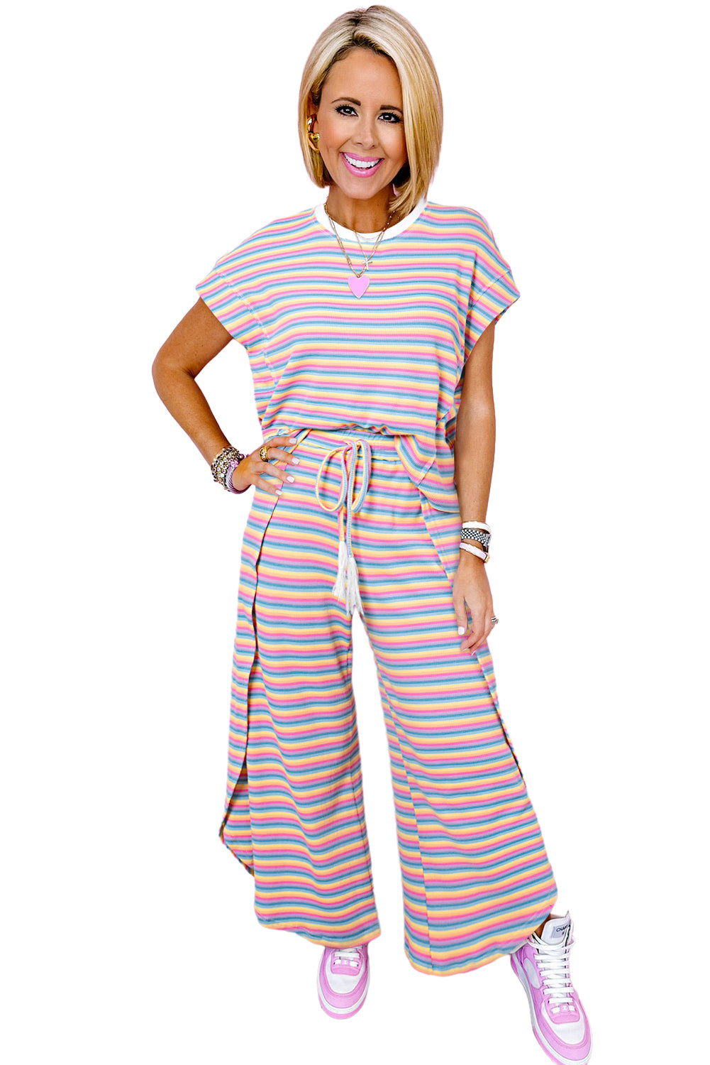 Striped Tassel Tee & Wide Leg Pants Set