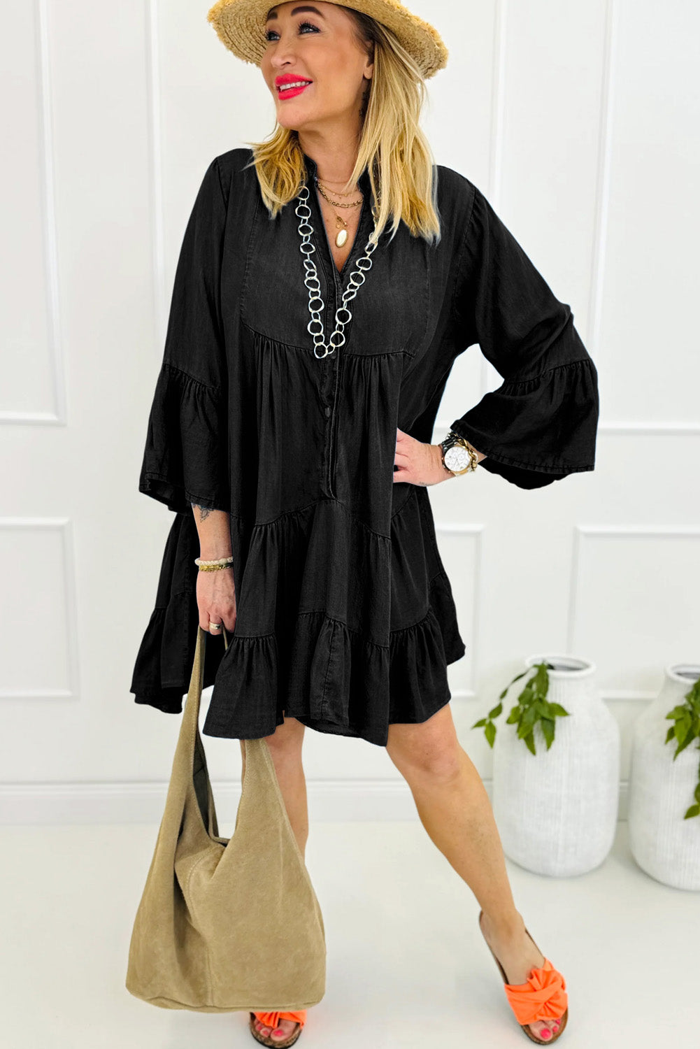 Black Chambray Ruffled 3/4 Sleeve Mini Dress