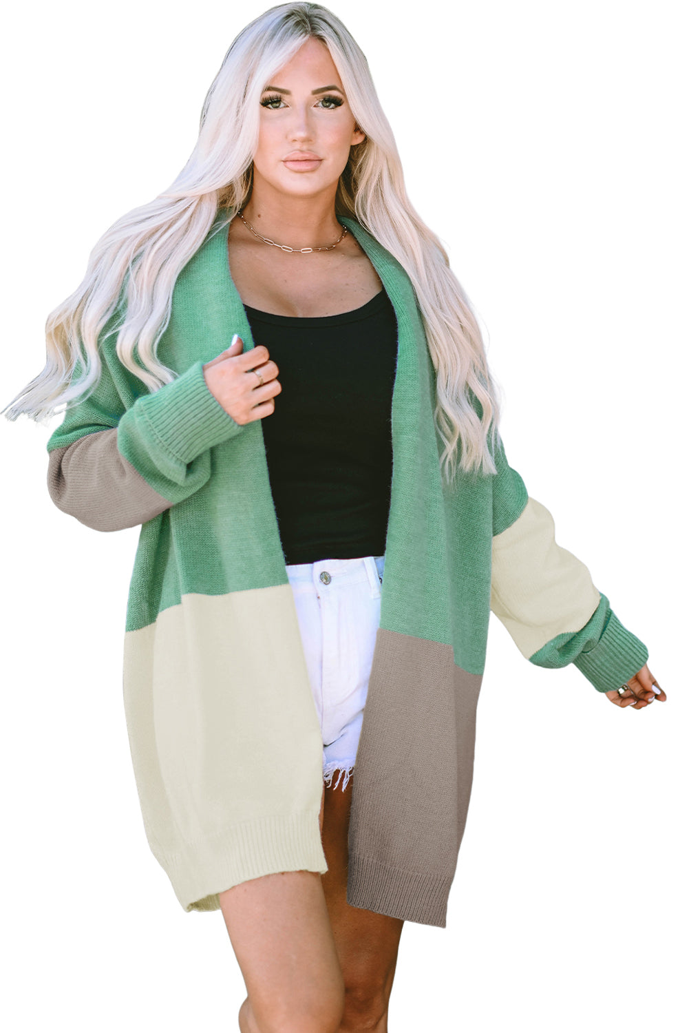 Green Colorblock Open Front Oversized Cardigan