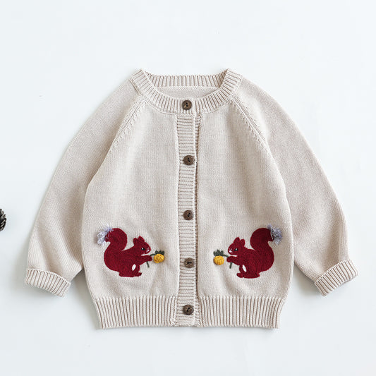 Kids' Cotton Sweater Squirrel Embroidery