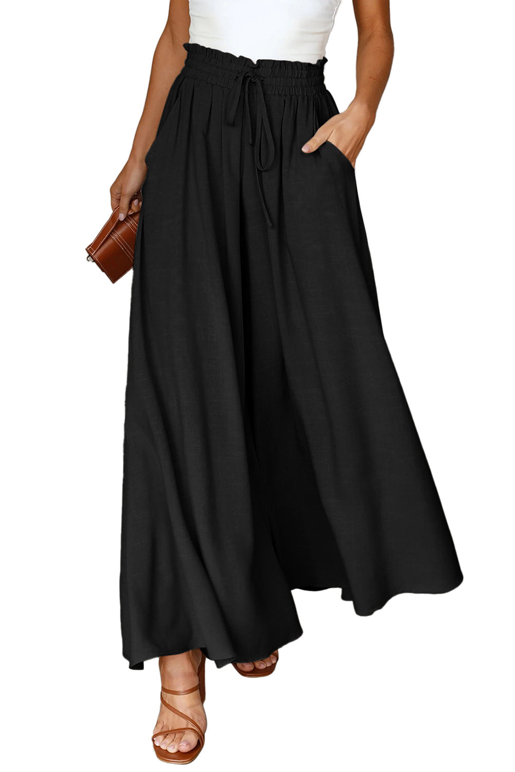 Black Drawstring High Waist Wide Leg Pants