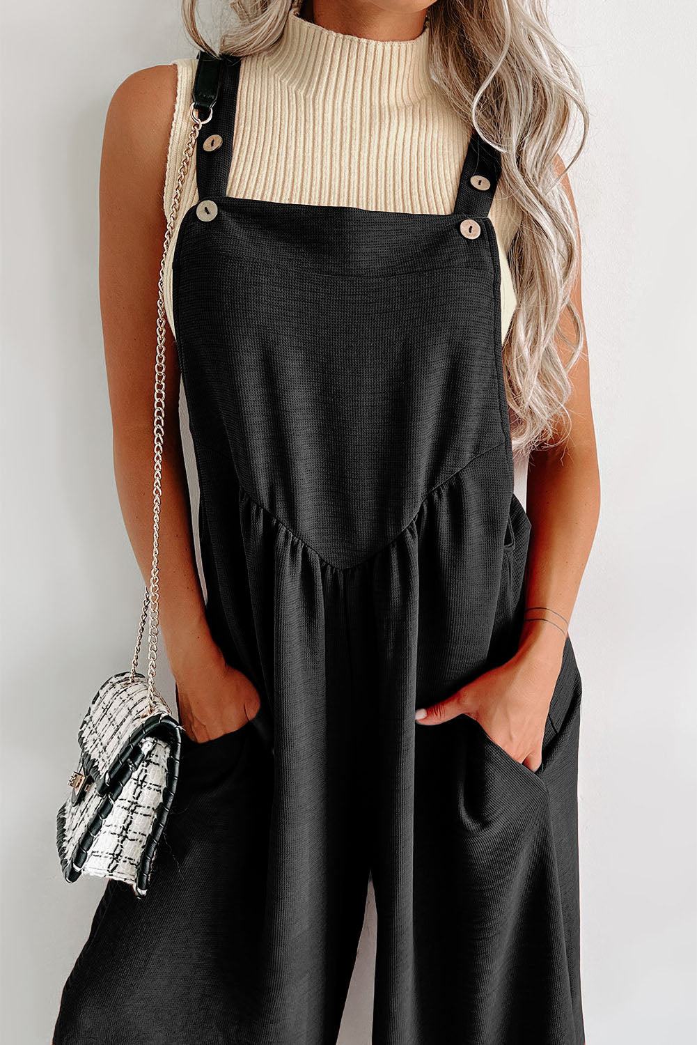 Black Textured Wide Leg Jumpsuit