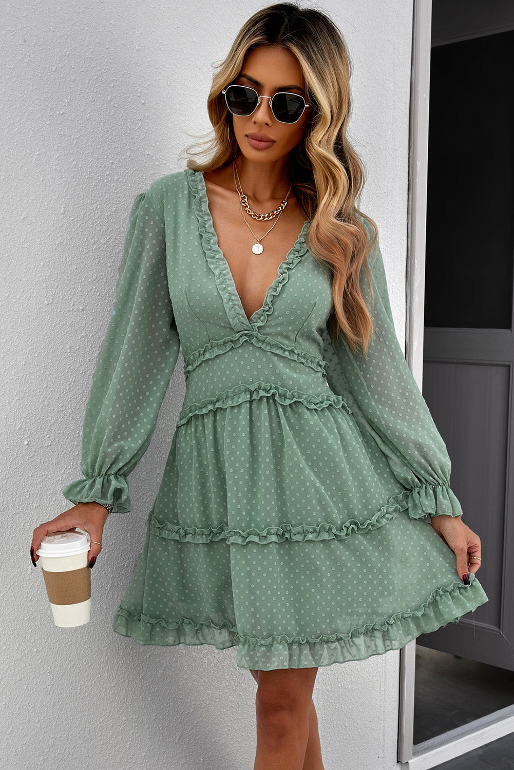 Sky Blue Layered Puff Sleeve Mini Dress