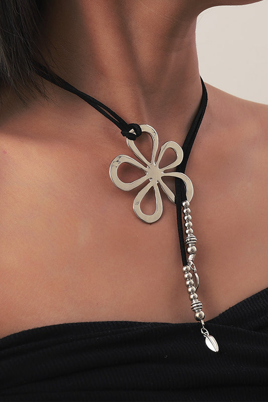 Silver Hollow Out Floral Leather Rope Necklace