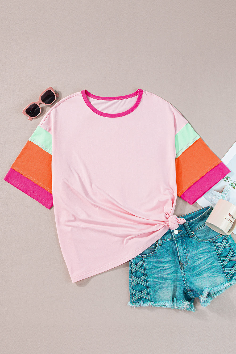 Pink Color Block Plus Size T Shirt