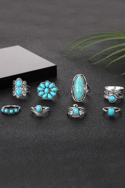 Green 8Pcs Vintage Turquoise Ring Set