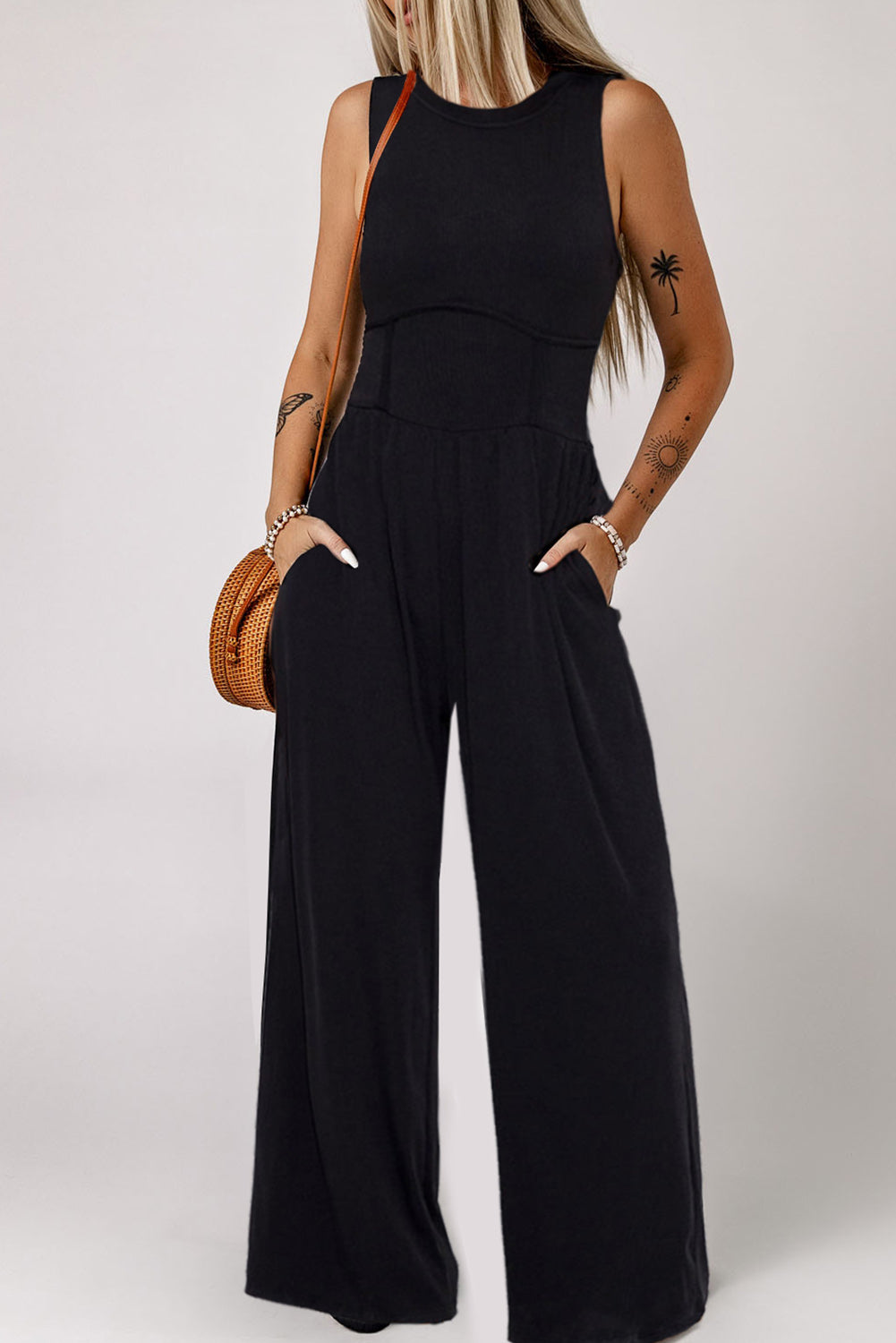 Grey Cinched Waist Sleeveless Wide Leg Jumpsuit