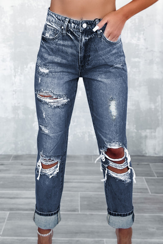 Blue Light Wash Frayed Slim Fit High Waist Jeans