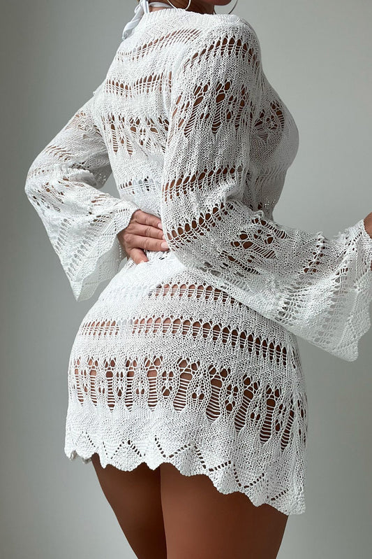 White Hollowed Long Sleeve Beach Dress