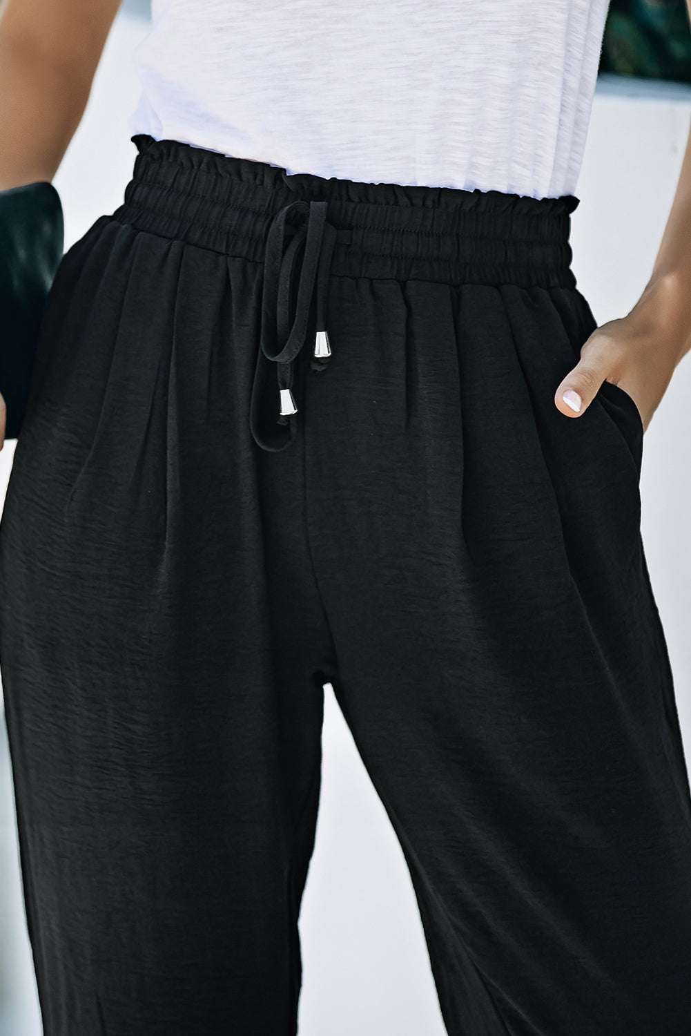 Black Solid  Smocked Waist Joggers