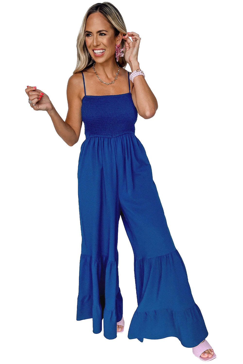 Navy Blue Spaghetti Strap Smocked Wide Leg Jumpsuit