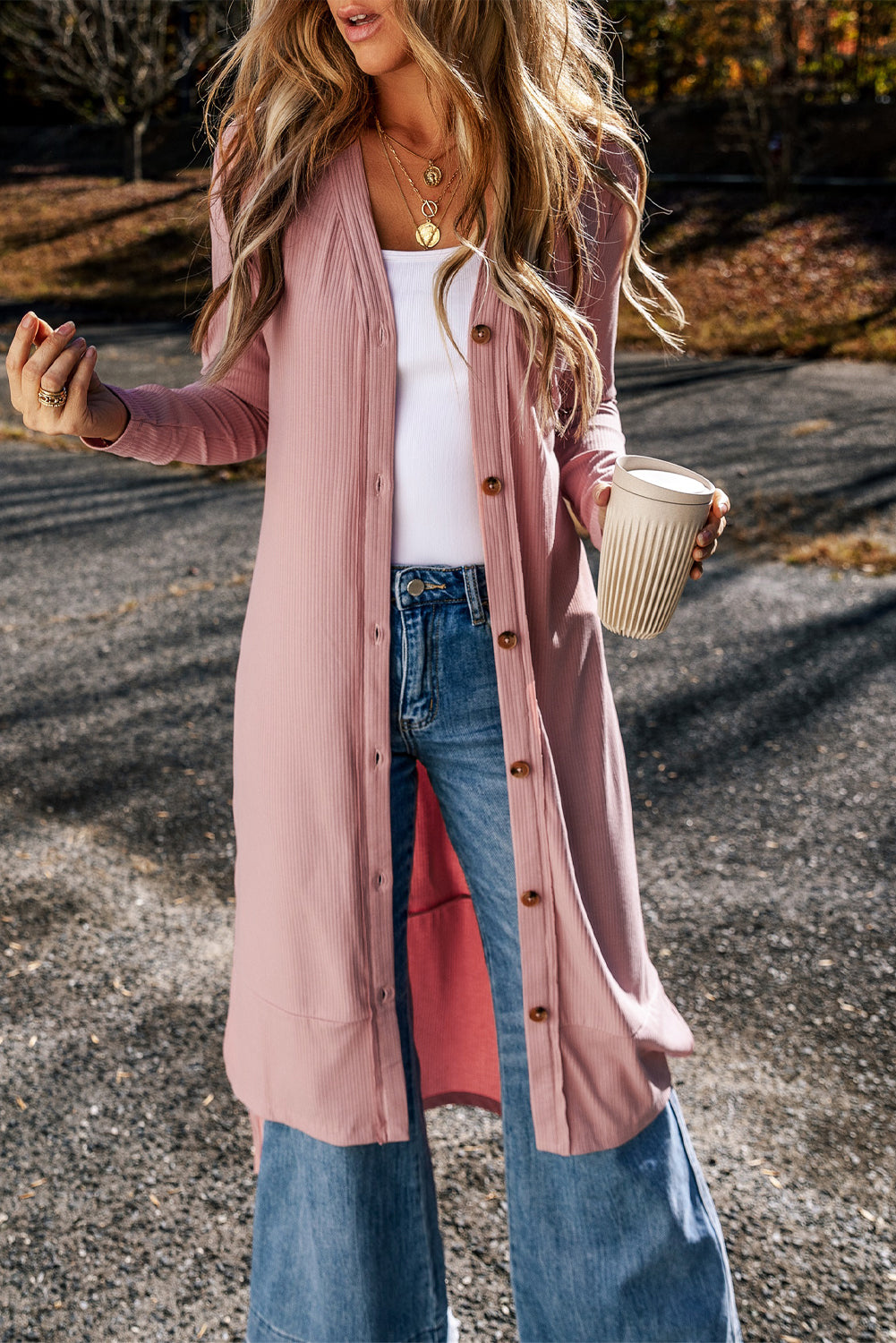 Gray Ribbed Button-Up Duster Cardigan